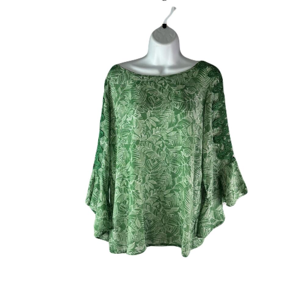 ANNELIESE Green Boho Top with Embridered Design on Upper Sleeves Size Womens M